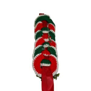 Vintage Santa Crochet Christmas Door Hanger Red Green White Kitschy Ornaments